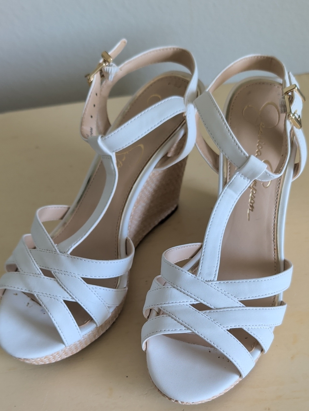 Jessica Simpson White T-Strap Wedge Sandals